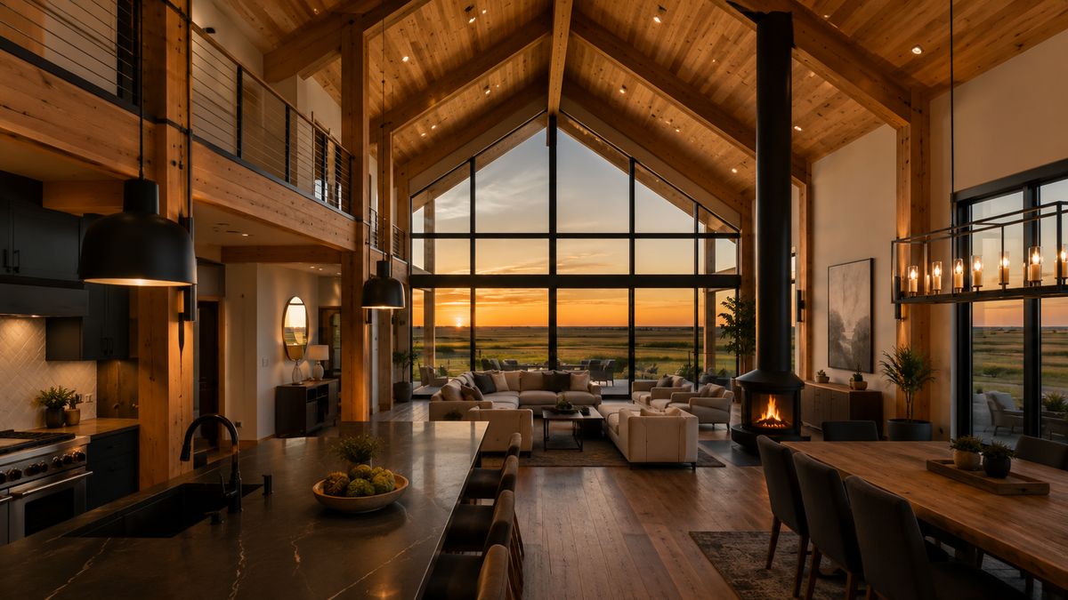 Homestead: barndo great room, prairie sunset