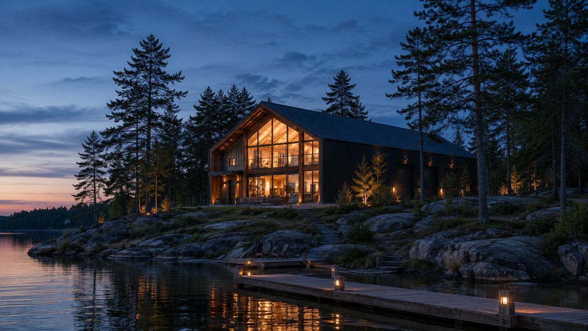The Summit Barndo on a Canadian lakeshore at dusk, glowing from inside