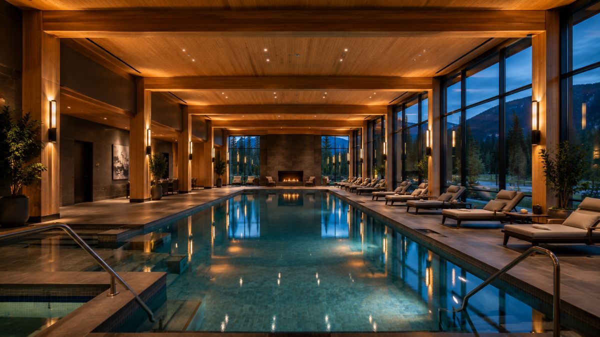 Indoor pool with mountain view