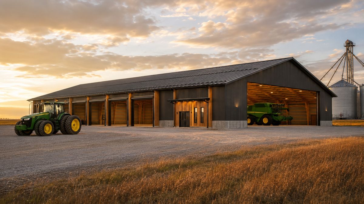 Ag equipment building with wide full-bay farm doors