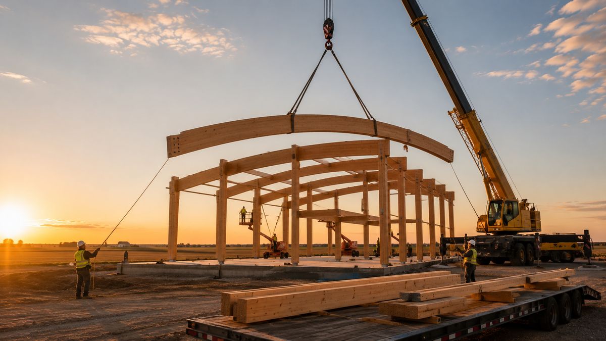 Crane raising a glulam timber frame