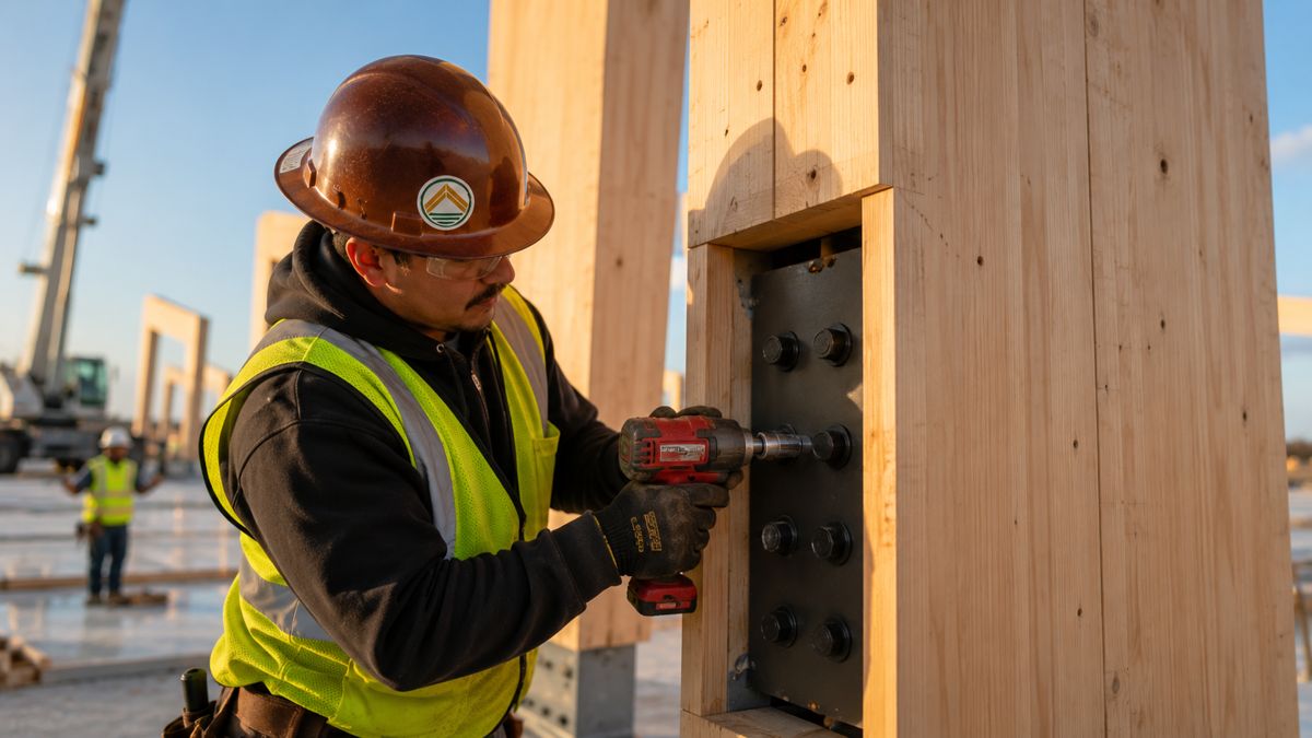 Installation crew raising timber frame