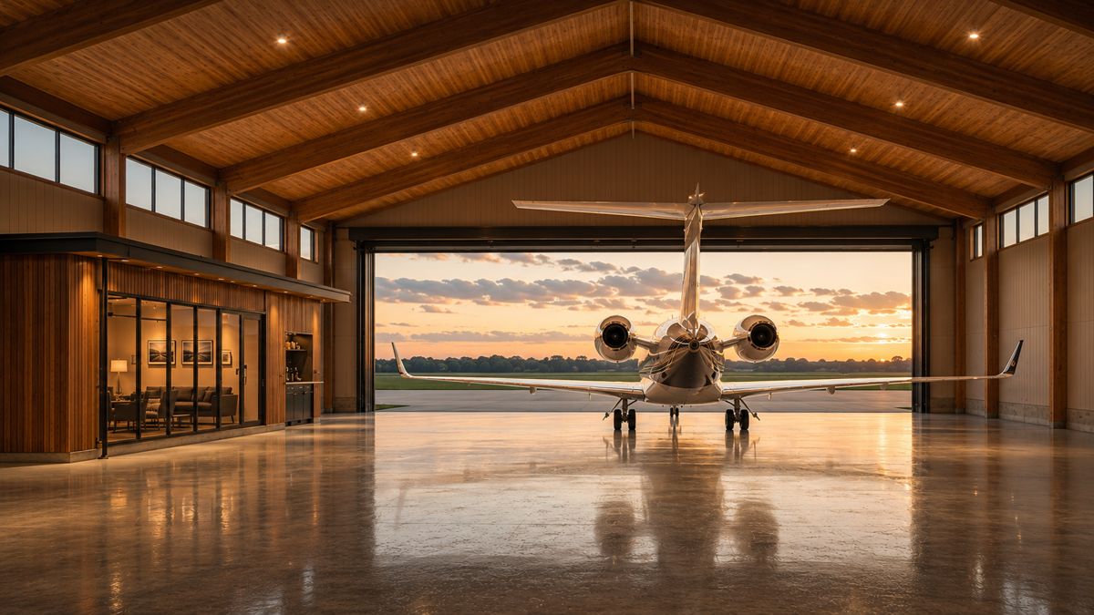 Mass timber aircraft hangar interior with Learjet and glulam frames