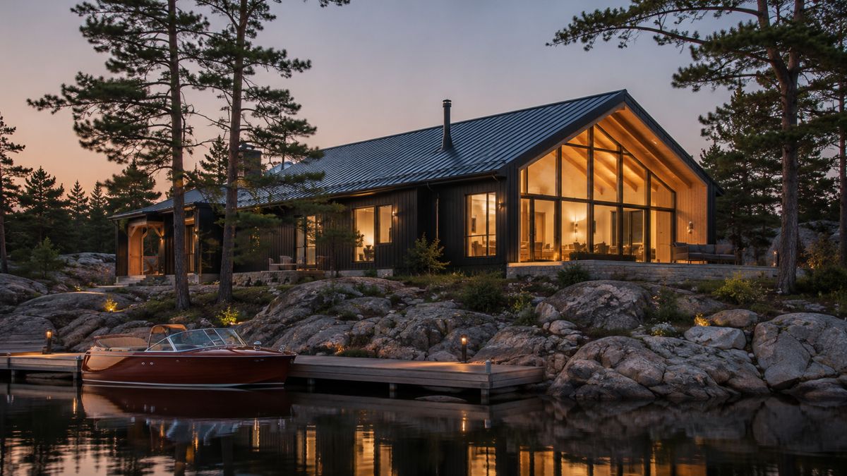 Homestead Line barndominium at the lake, timber frame with full-height glass